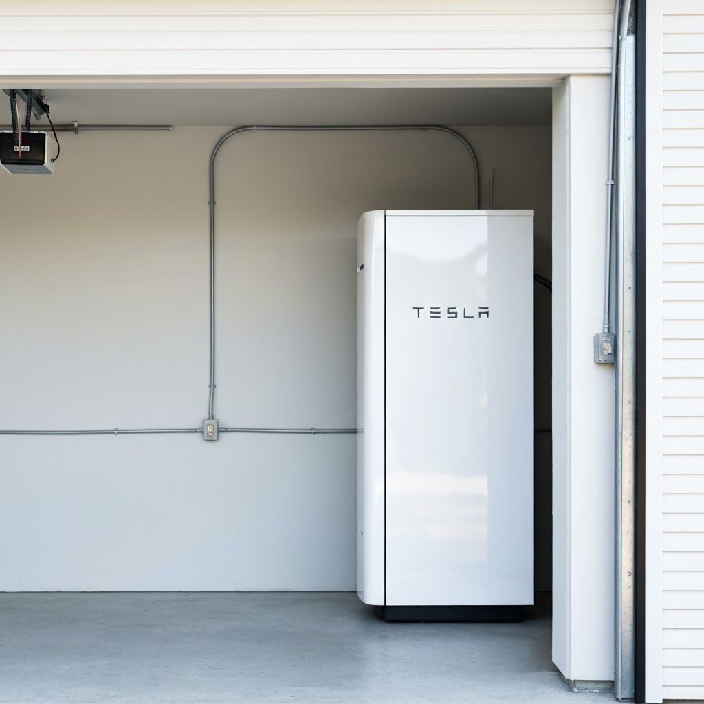 Home battery storage system mounted on garage wall